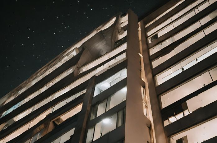tall building with lights on at night