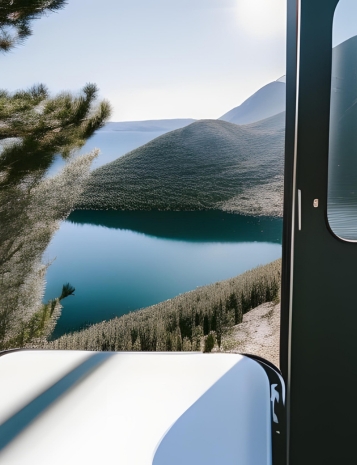 beautiful view from inside the RV of a bright sunny day at lake valley