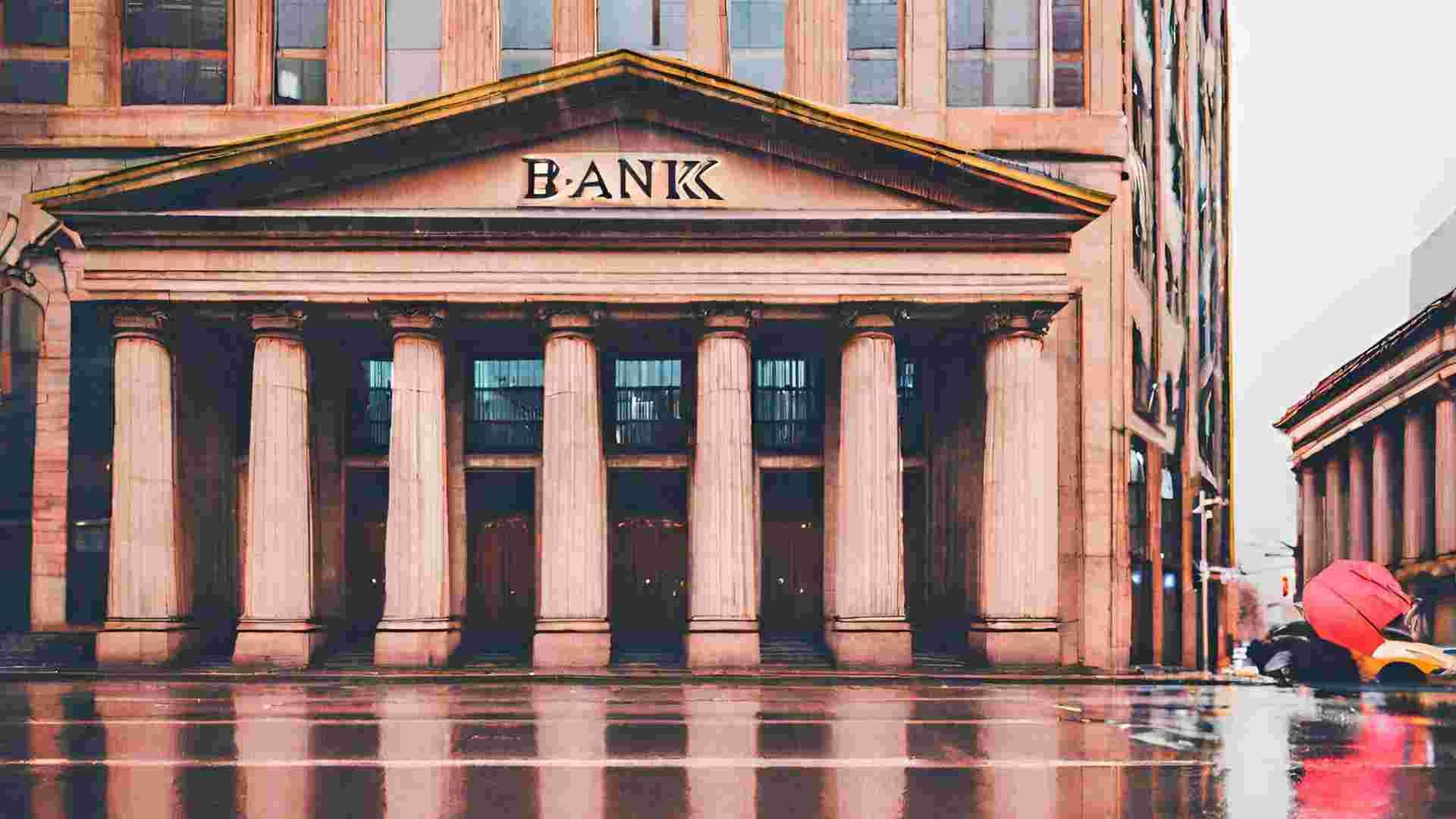 traditional ancient bank building in the middle of the city on a rainy day, nude colors