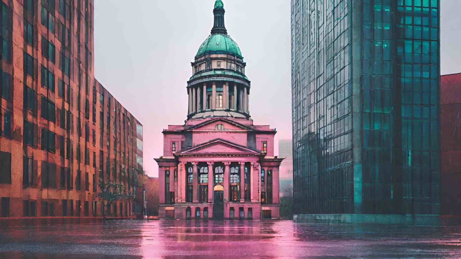 finance building in the middle of the city on a rainy day