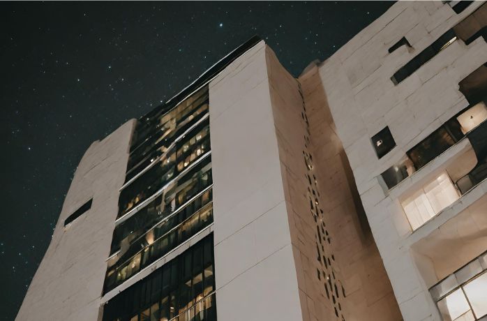 tall buildings with light color facade at night