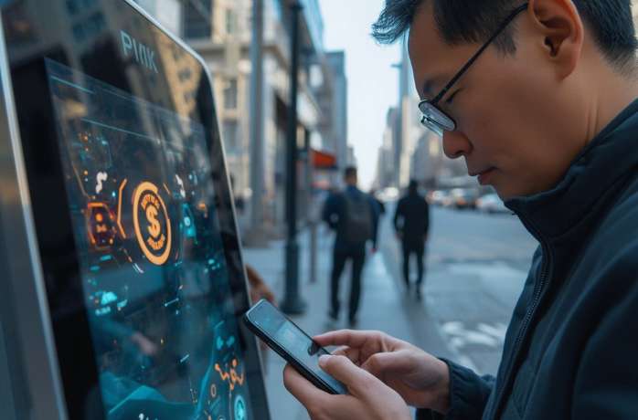 Close-up of middle-aged man tapping phone at a digital kiosk with augmented reality payment interface, urban street setting in North America, daylight, realistic textures, futuristic fintech UI elements