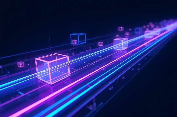 _Abstract digital pipeline made of glowing neon lines, containers floating smoothly through, symbolizing Docker migration and tool integration — hyper-realistic, minimalistic, professional tech aesthetic