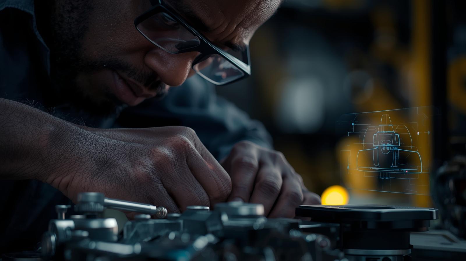 Close-up of a skilled technician’s hands assembling an RV component, while subtle holographic overlays from AI vision cameras highlight a tiny misalignment in glowing red