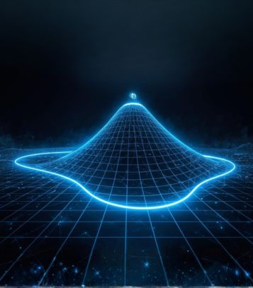 A sleek 3D grid surface with glowing lines, showing a highlighted path from a smaller peak (local optimum) to the deepest basin (global optimum), with crisp arrows and minimalistic labels, set against a dark tech-inspired background